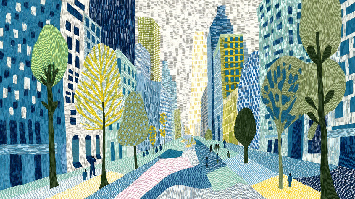 Urban Sketch Cityscape Mural Wallpaper with Colorful Trees Mural Wallpaper - room preview 04