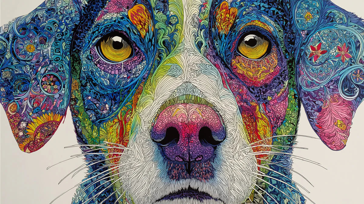 Psychedelic Dog Portrait Mural Wallpaper — Vibrant Animal Art Mural Wallpaper - room preview 04