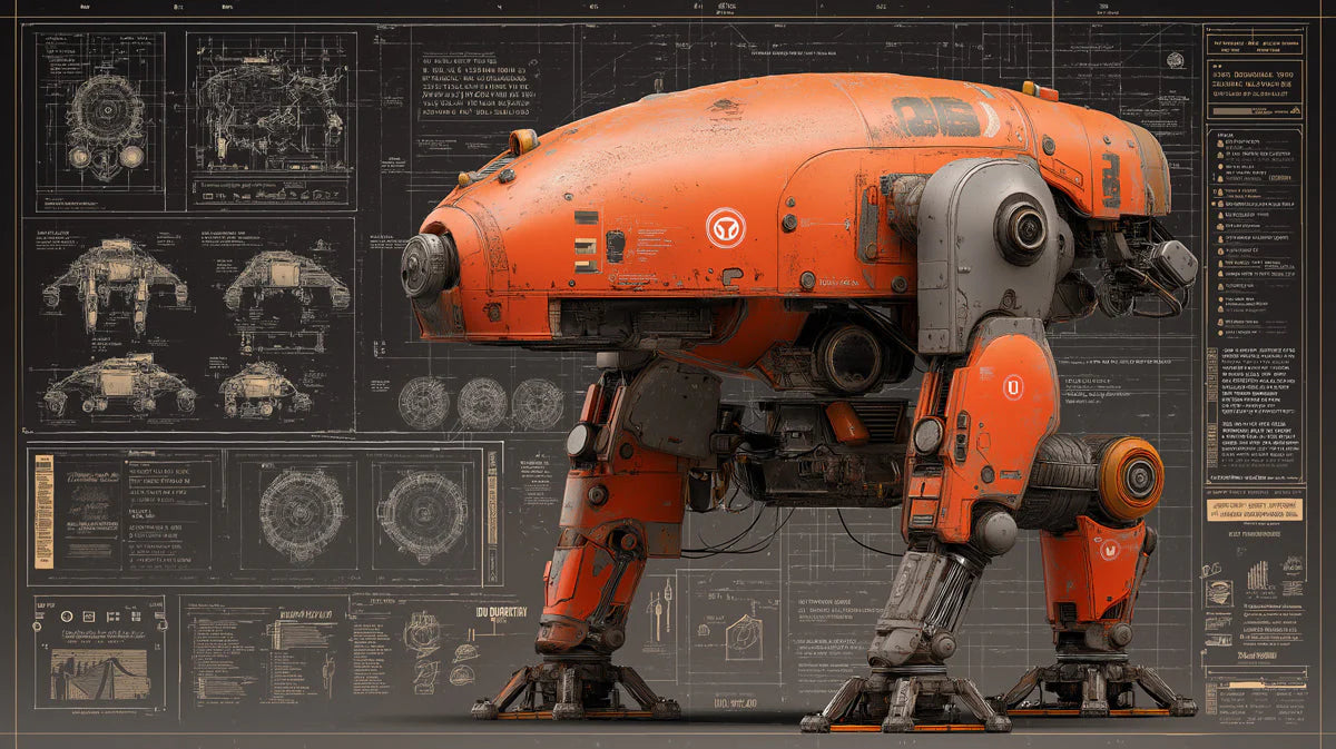 Industrial Robot Blueprint Mural Wallpaper — Technical Orange Mural Wallpaper - room preview 04