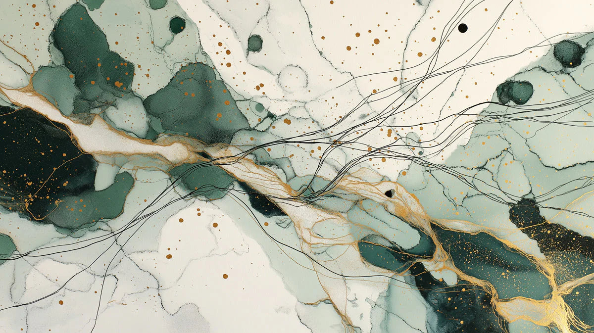 Abstract Ink Wash Mural Wallpaper with Emerald and Gold Accents Mural Wallpaper - room preview 04