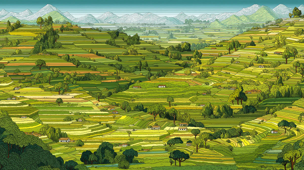 Terraced Mountain Valley Mural Wallpaper — Hand-Drawn Landscape Mural Wallpaper - room preview 04