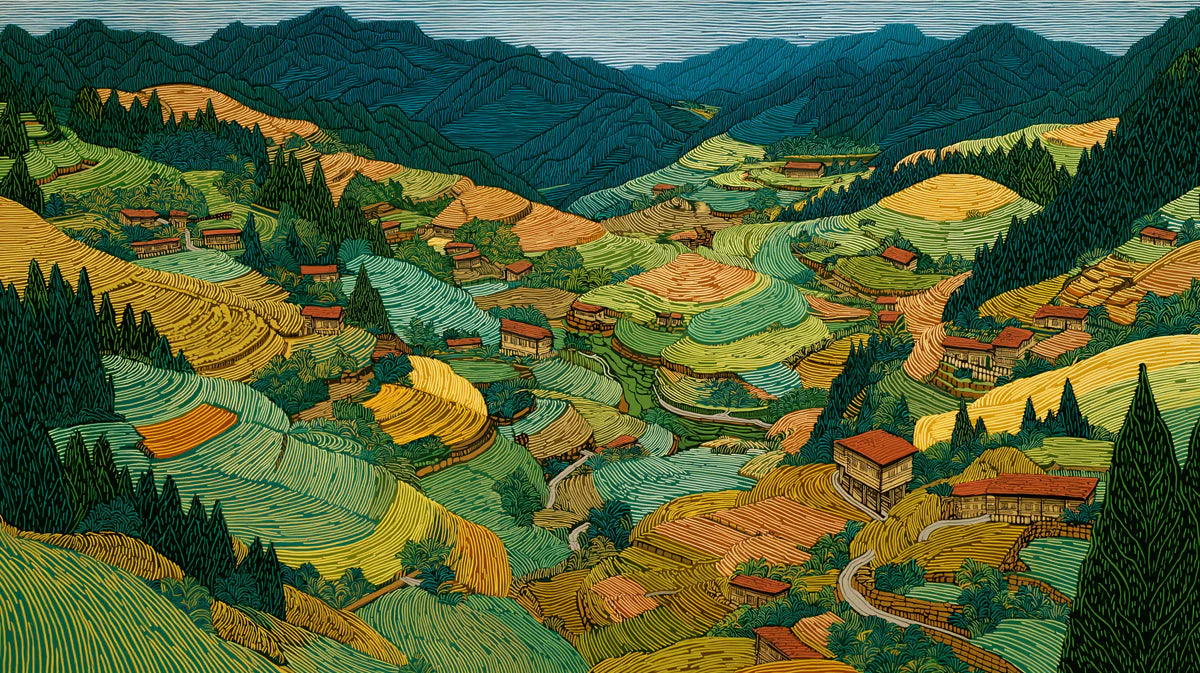Terraced Mountain Landscape Mural Wallpaper in Earthy Tones Mural Wallpaper - room preview 04