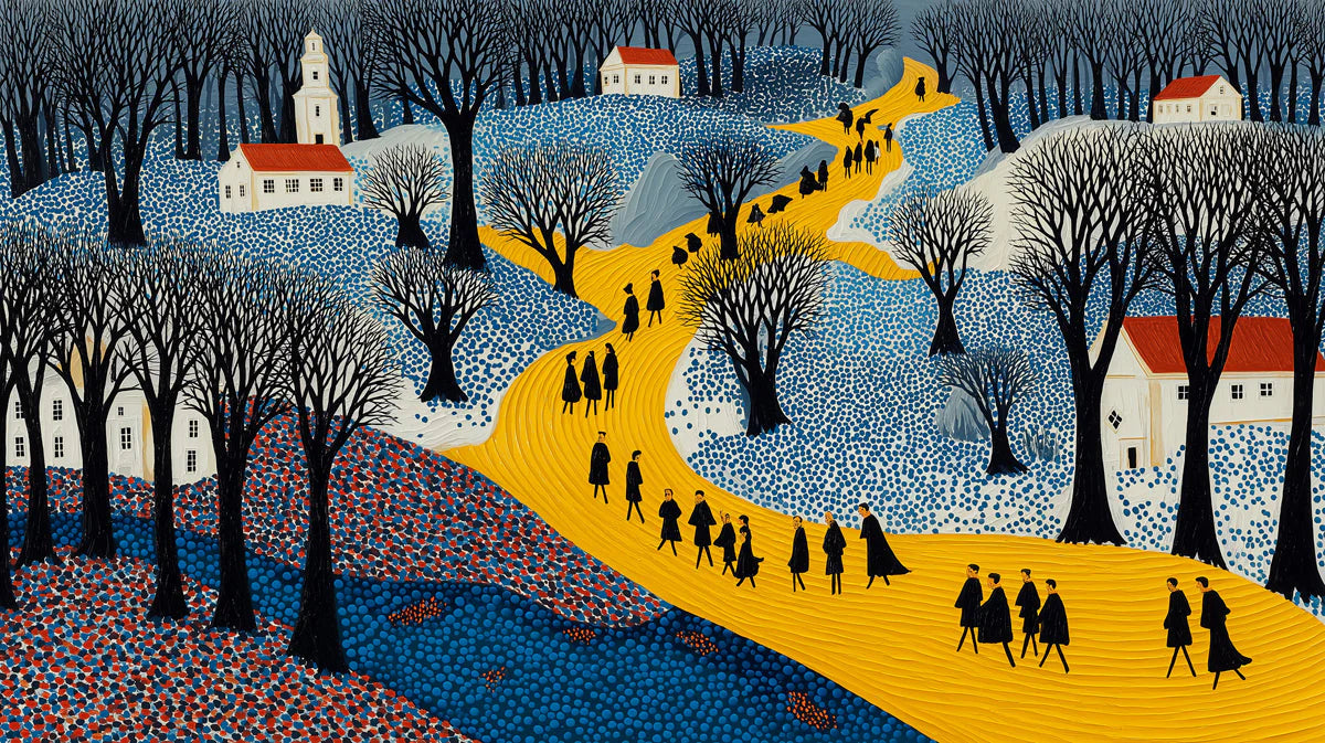 Winter Village Path Mural Wallpaper —Folk Art Landscape Mural Wallpaper - room preview 04