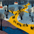 Winter Village Path Mural Wallpaper —Folk Art Landscape Mural Wallpaper - room preview 04