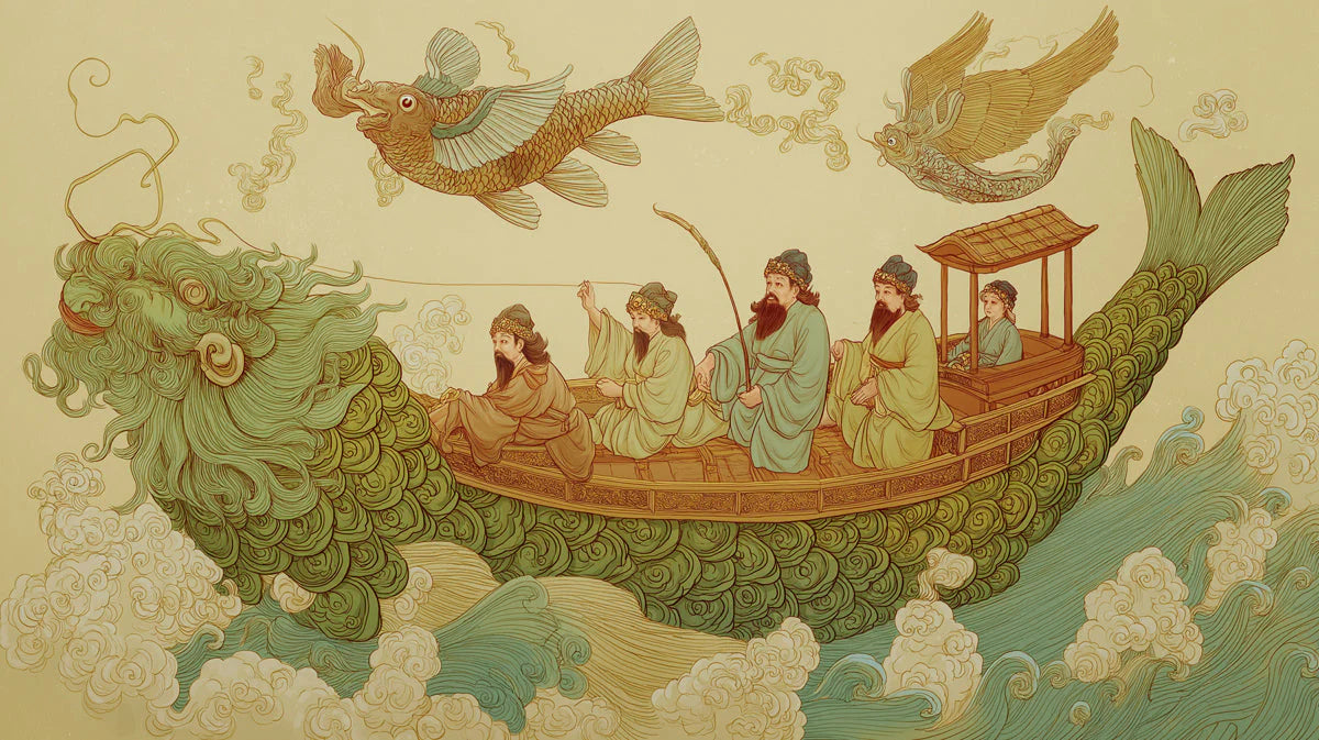 Mythical Fish Boat Mural Wallpaper — Traditional Eastern Art Mural Wallpaper - room preview 04