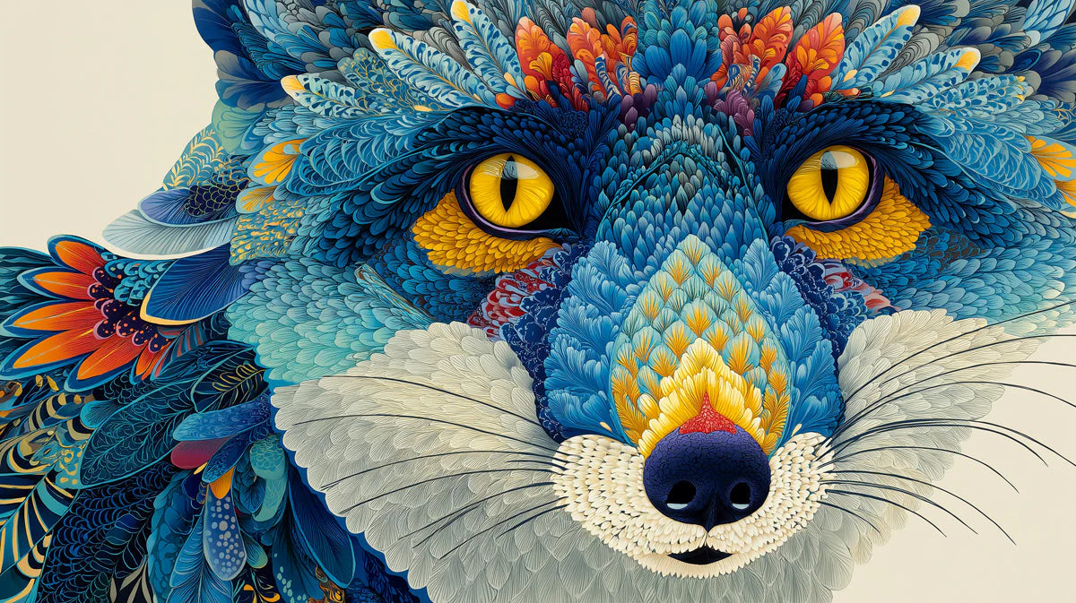 Vibrant Fox Portrait Mural Wallpaper with Intricate Feather Detail Mural Wallpaper - room preview 04