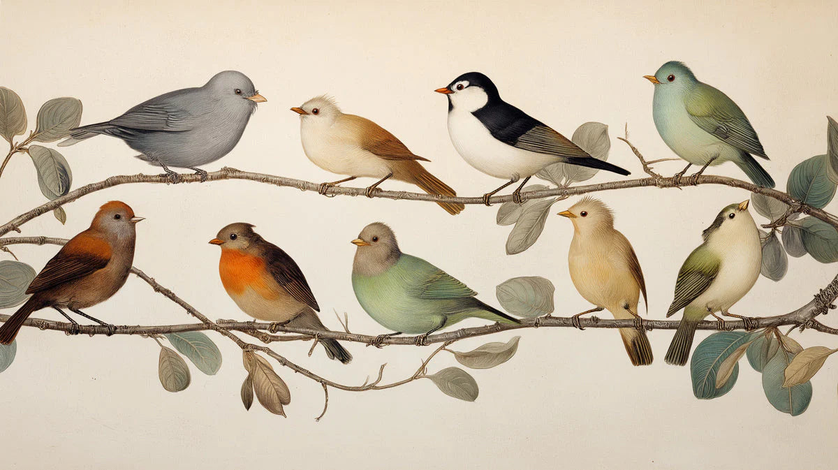 Vintage Songbird Botanical Mural Wallpaper — Naturalist Art Study Mural Wallpaper - room preview 04