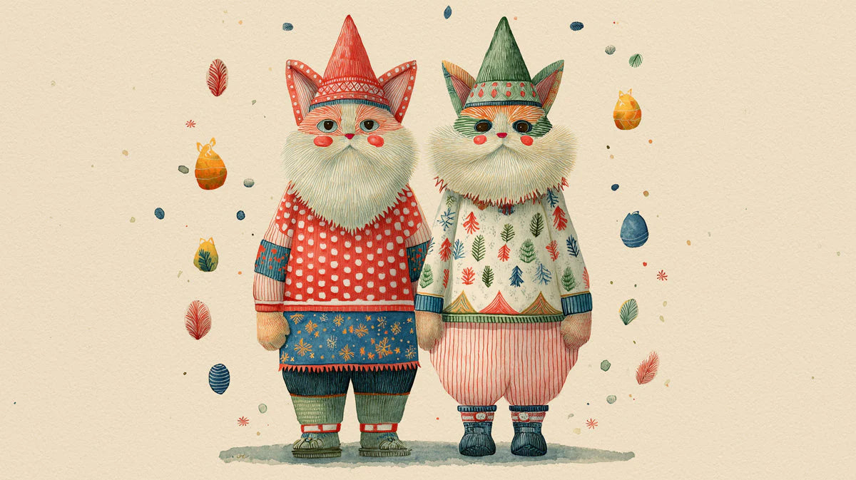 Folklore Cat Duo Mural Wallpaper — Whimsical Hand-Drawn Illustration Mural Wallpaper - room preview 04