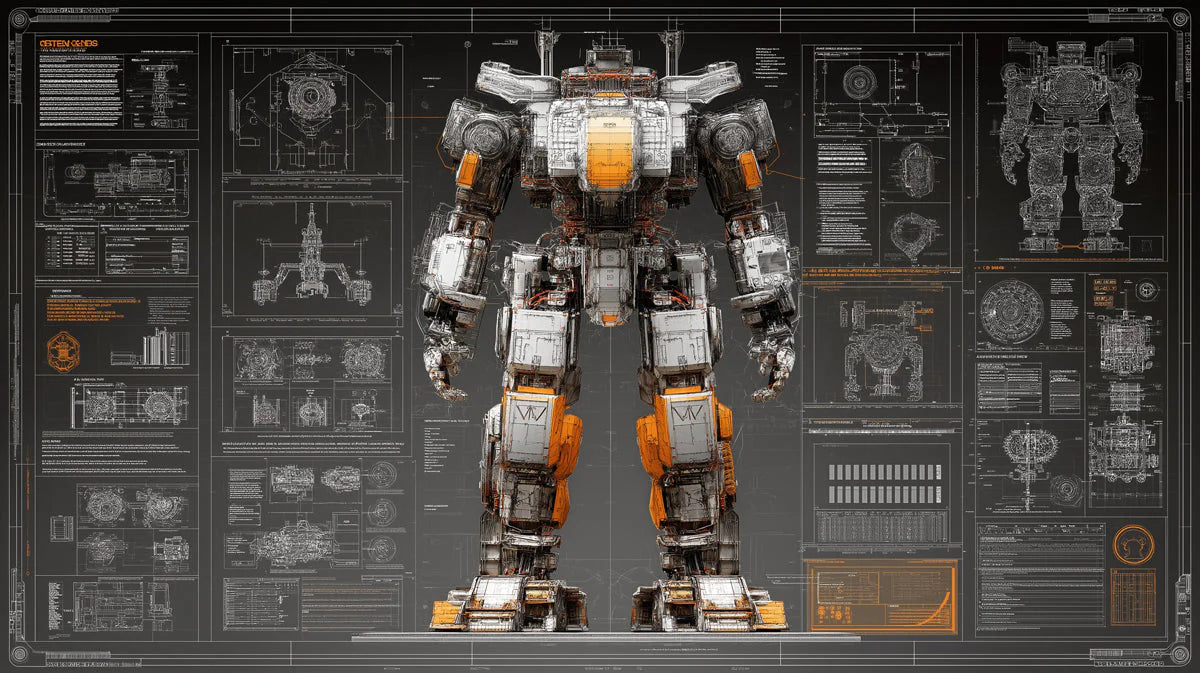 Mecha Blueprint Mural Wallpaper — Technical Industrial Design Mural Wallpaper - room preview 04