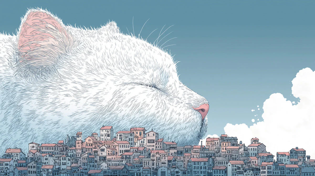 Giant Sleeping Cat Over Mediterranean Town Mural Wallpaper - room preview 04