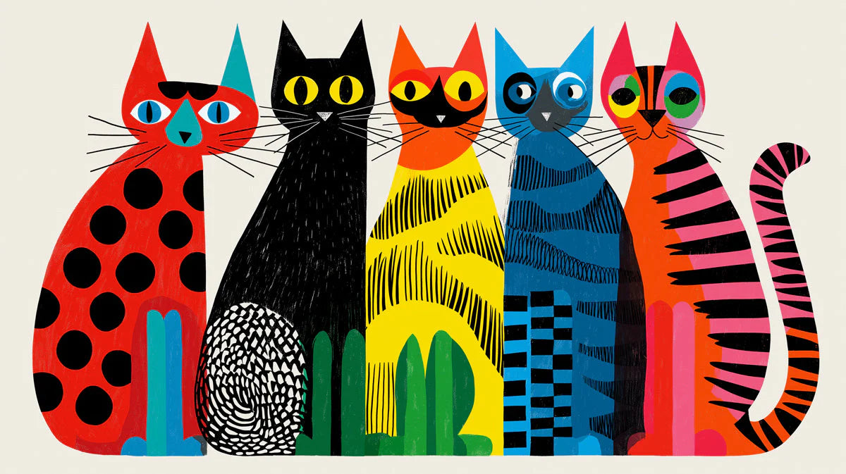 Mid-Century Cat Parade Mural Wallpaper —Whimsical Retro Art Mural Wallpaper - room preview 04