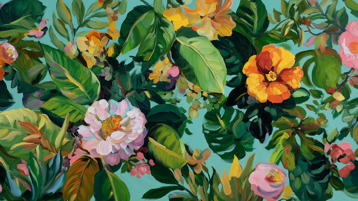 Vibrant Botanical Oil Painting Mural Wallpaper in Teal Mural Wallpaper - room preview 04
