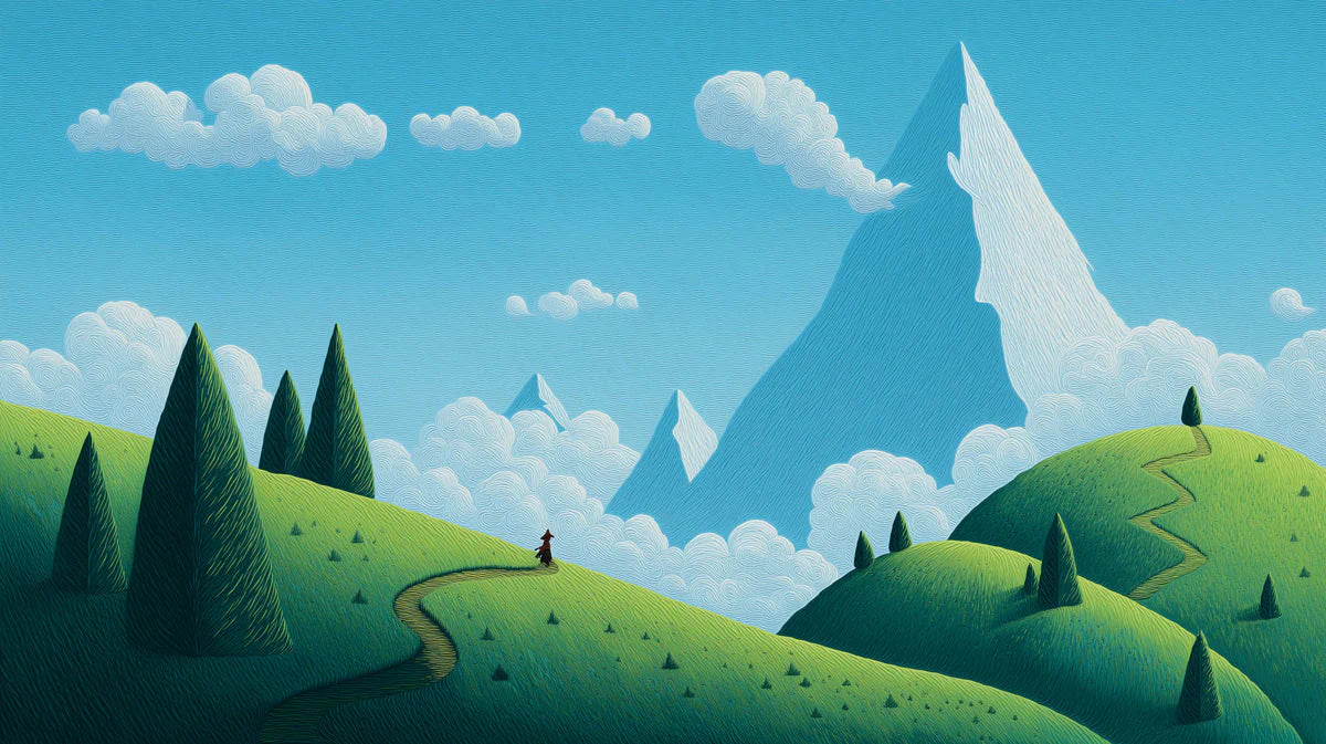 Alpine Journey Landscape Mural Wallpaper — Whimsical Mountain View Mural Wallpaper - room preview 04