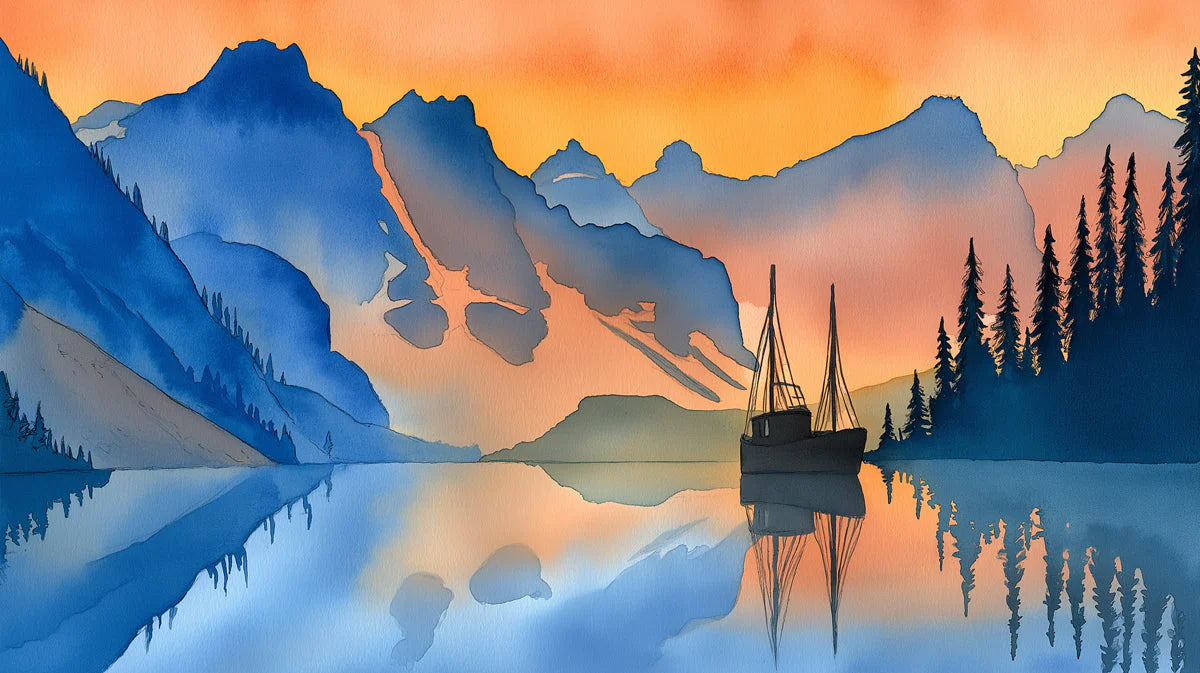 Sunset Mountain Lake Mural Wallpaper — Impressionistic Scenery Mural Wallpaper - room preview 04