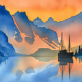 Sunset Mountain Lake Mural Wallpaper — Impressionistic Scenery Mural Wallpaper - room preview 04