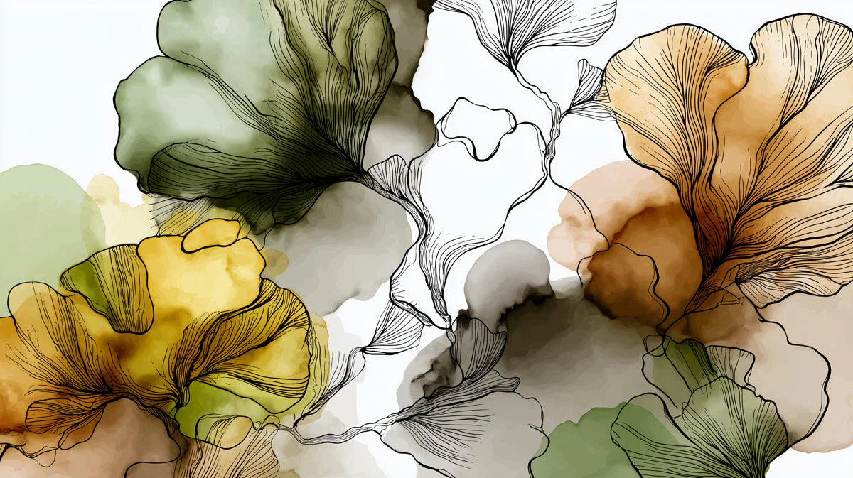 Ginkgo Watercolor Mural Wallpaper — Abstract Botanical Art Mural Wallpaper - room preview 04
