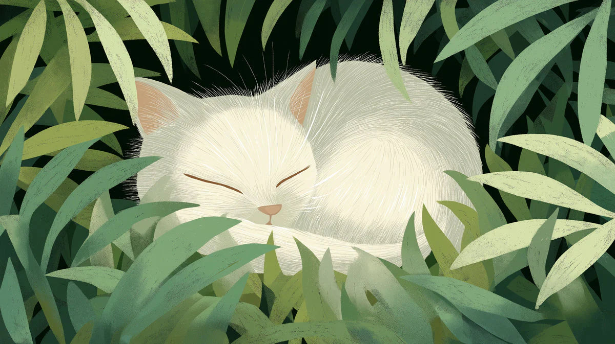 Sleeping White Cat Mural Wallpaper in Lush Green Foliage Mural Wallpaper - room preview 04