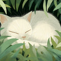 Sleeping White Cat Mural Wallpaper in Lush Green Foliage Mural Wallpaper - room preview 04