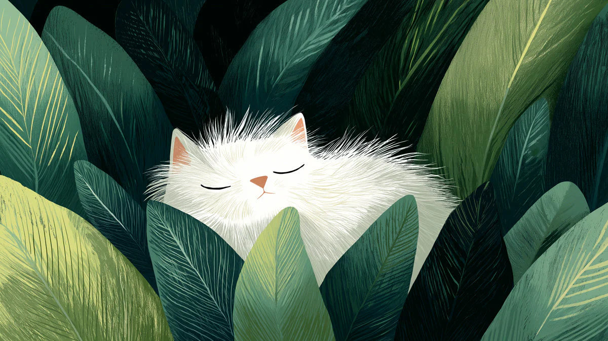 Sleepy White Cat in Tropical Foliage Mural Wallpaper - room preview 04