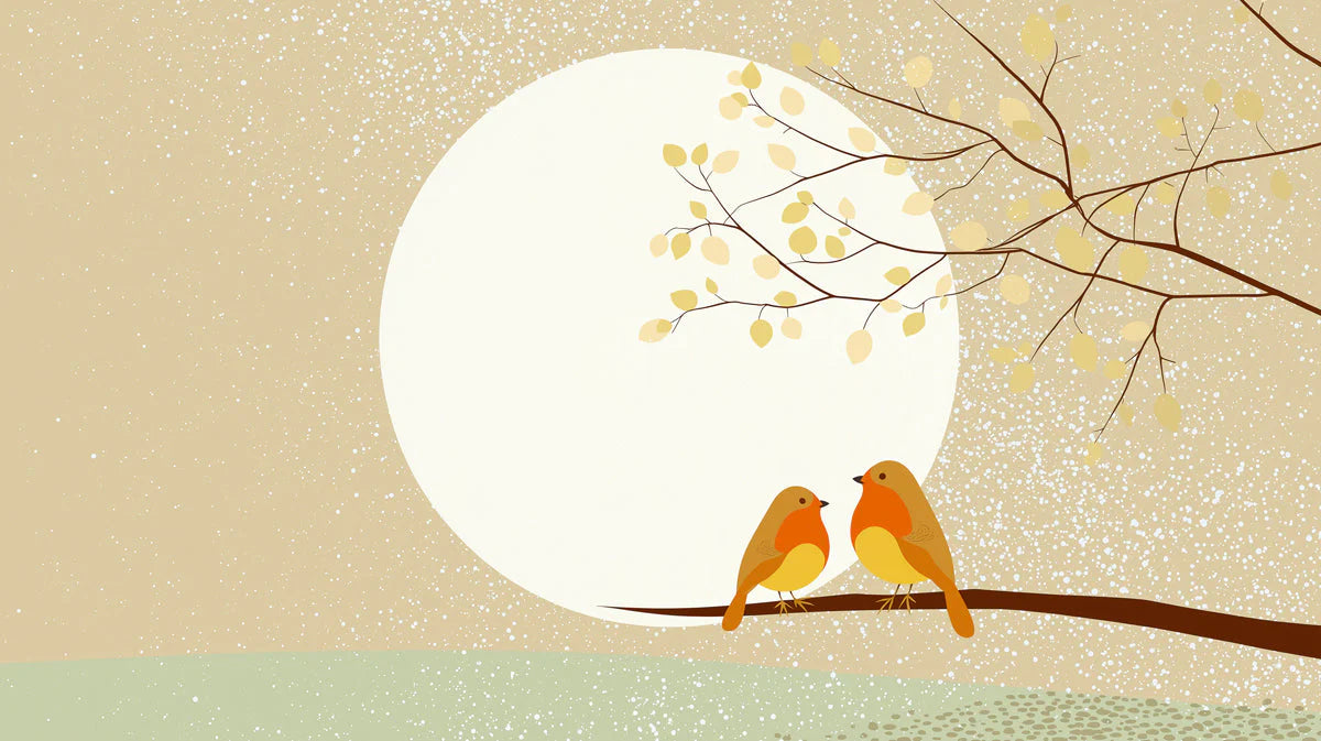 Sunlit Songbirds Mural Wallpaper with Soft Winter Snowfall Mural Wallpaper - room preview 04