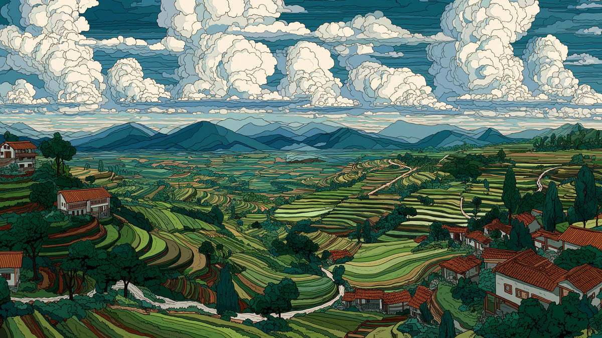 Terraced Valley Landscape Mural Wallpaper with Cloudy Sky Mural Wallpaper - room preview 04