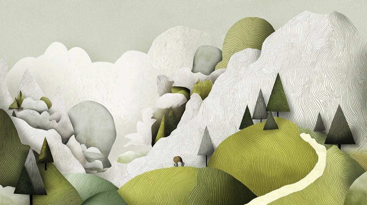 Abstract Mountain Landscape Mural Wallpaper in Sage and Olive Mural Wallpaper - room preview 04