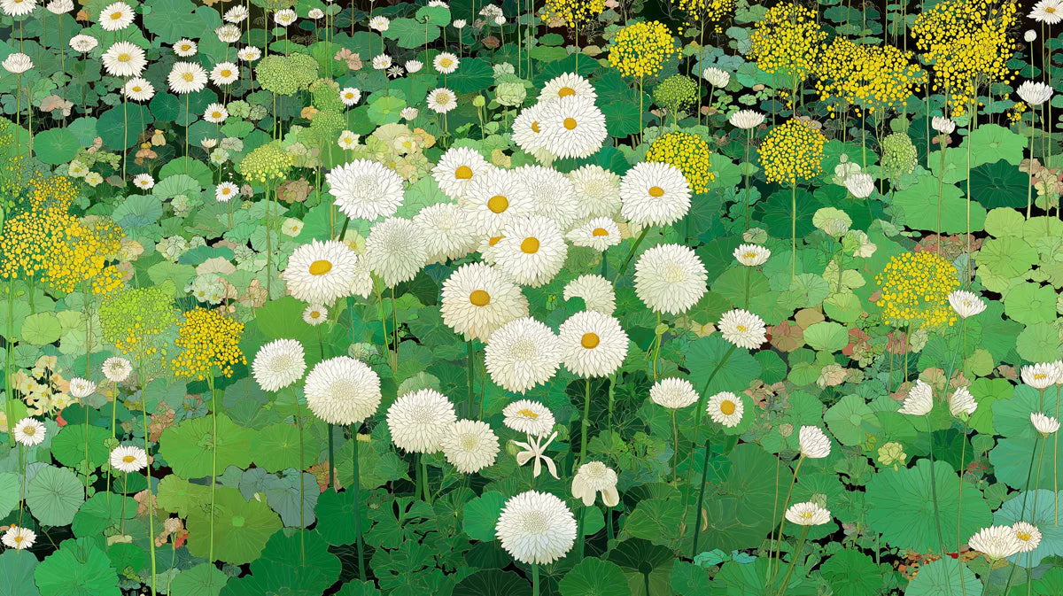 Meadow Bloom Mural Wallpaper — Botanical Art in Green and White Mural Wallpaper - room preview 04