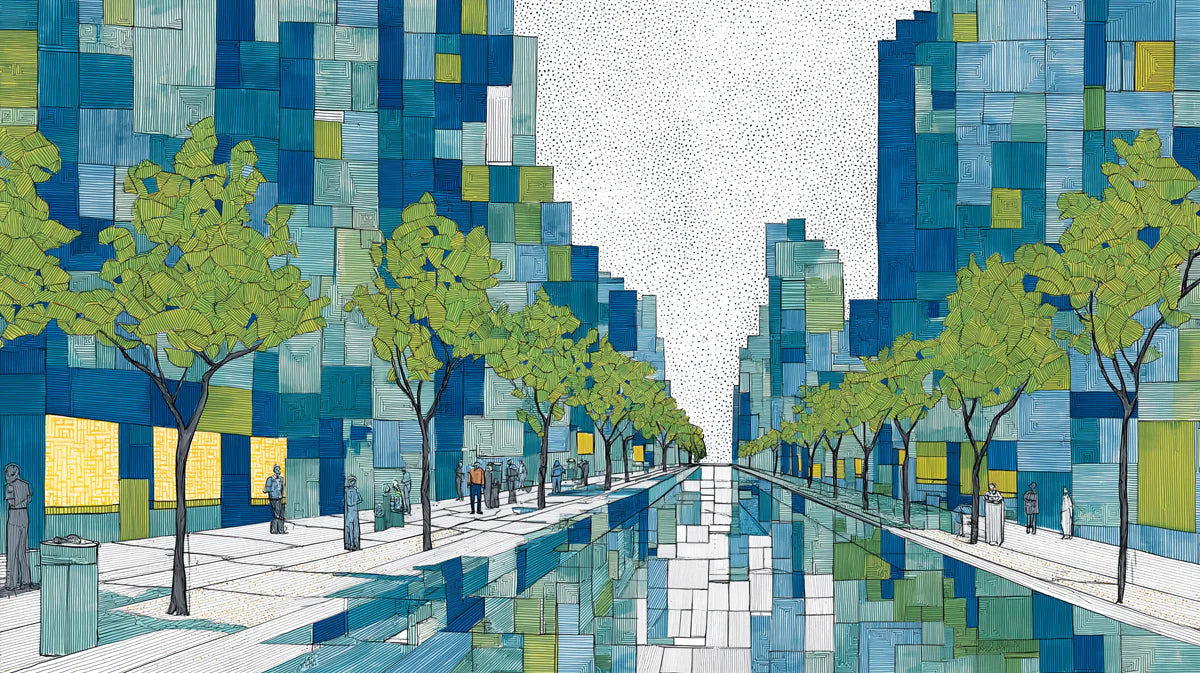 Abstract Urban Boulevard Mural Wallpaper in Blue and Lime Mural Wallpaper - room preview 04
