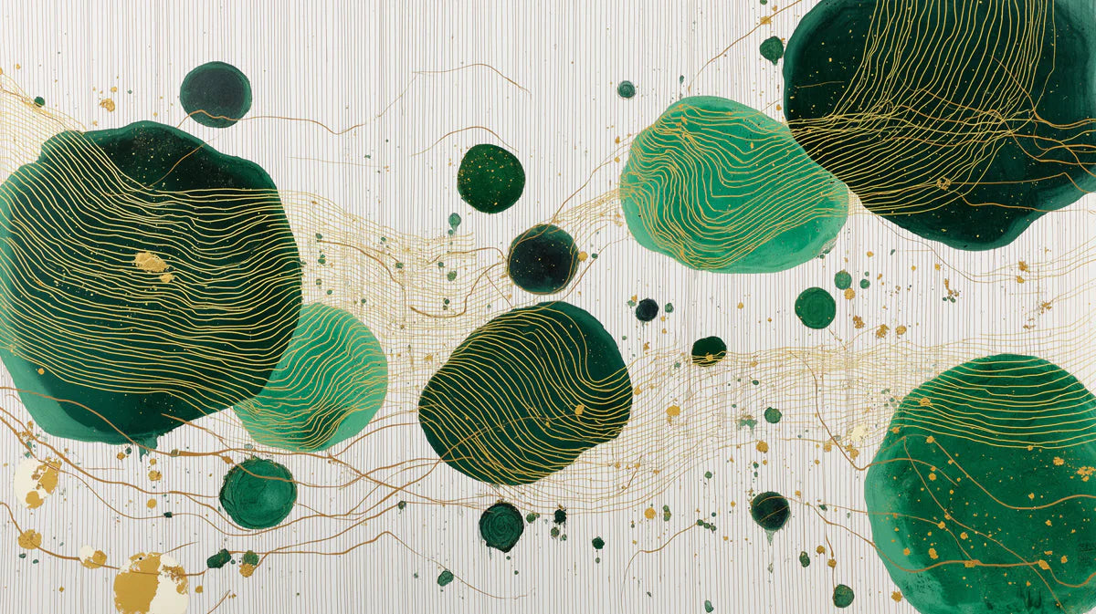 Emerald Ink Abstract Mural Wallpaper — Modern Gold Line Art Mural Wallpaper - room preview 04