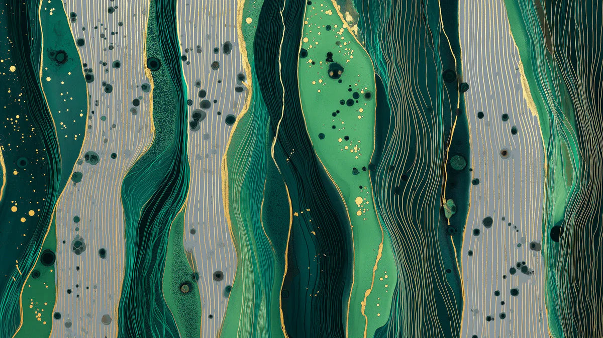 Emerald Fluid Art Mural Wallpaper with Gold Linear Accents Mural Wallpaper - room preview 04