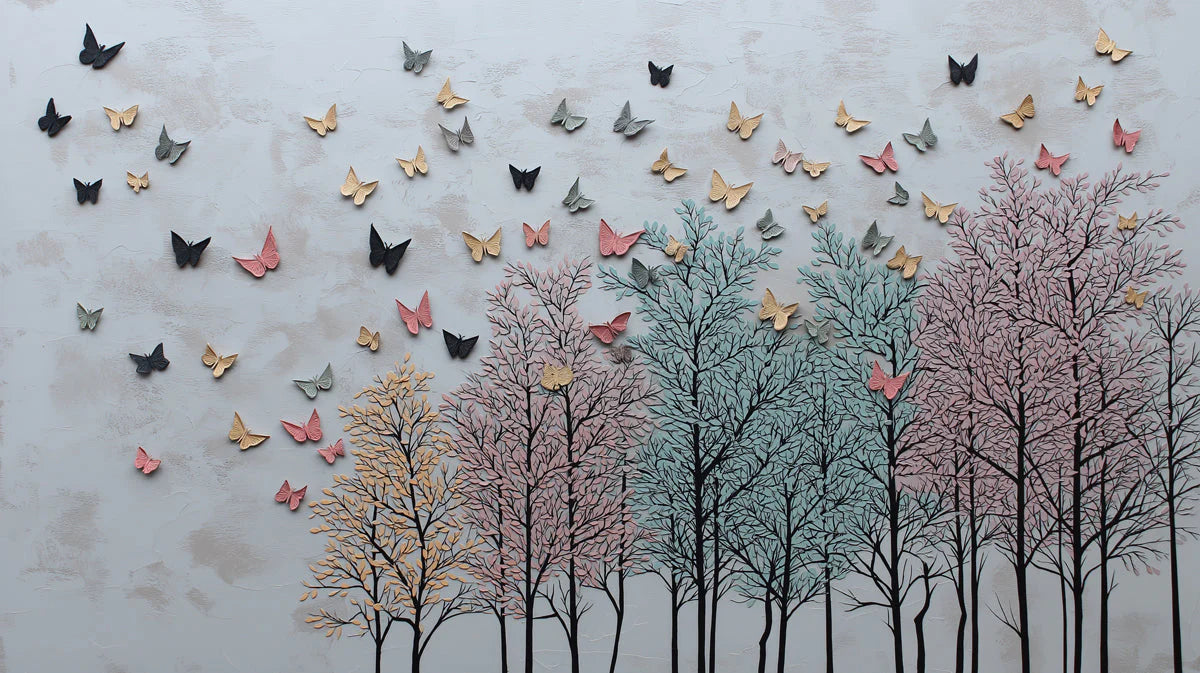 Butterfly Forest Mural Wallpaper — Whimsical Soft Pastel Nature Mural Wallpaper - room preview 04