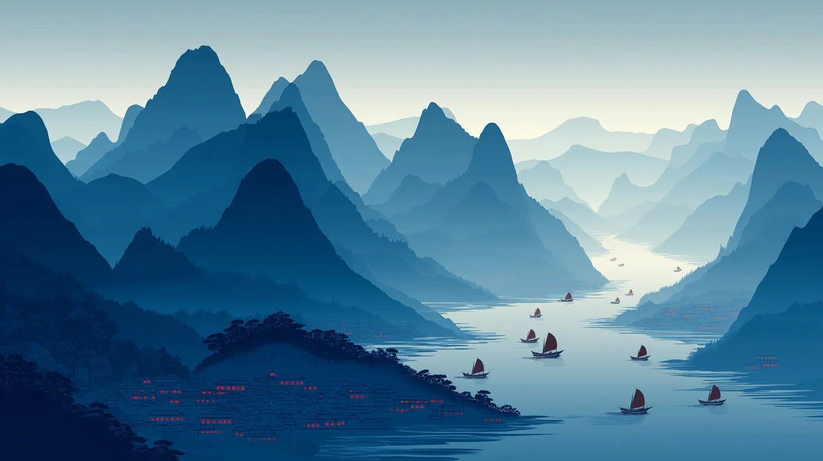 Mist-Covered Mountain River Mural Wallpaper in Indigo Blue Mural Wallpaper - room preview 04