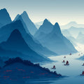 Mist-Covered Mountain River Mural Wallpaper in Indigo Blue Mural Wallpaper - room preview 04