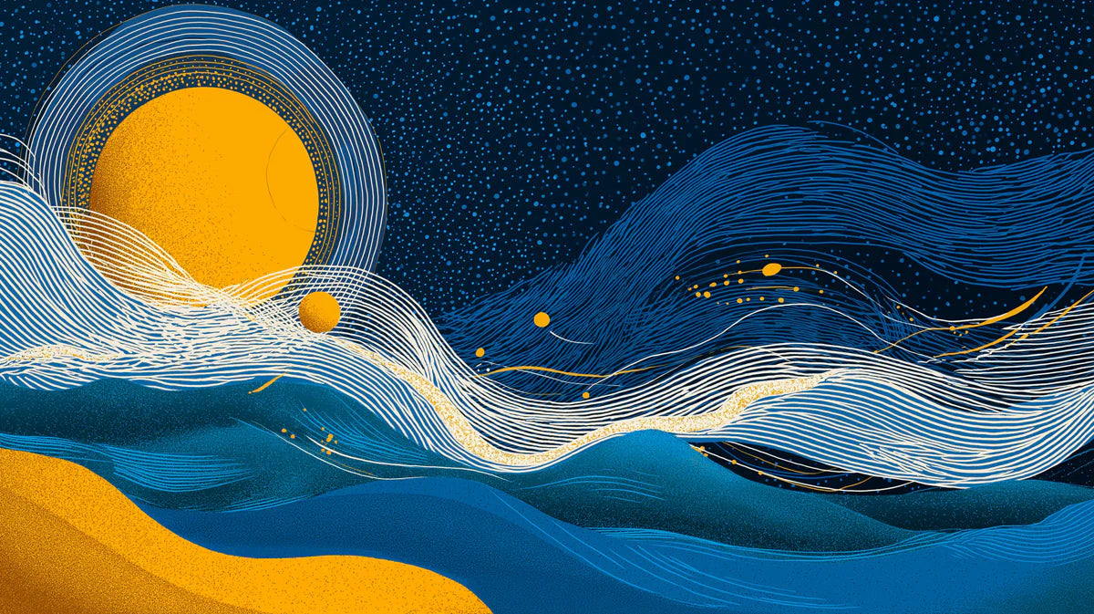 Celestial Sunset Line Art Mural Wallpaper in Navy and Ochre Mural Wallpaper - room preview 04