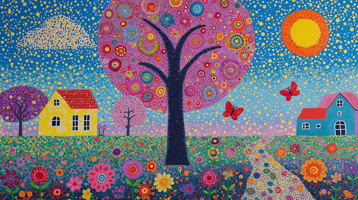 Whimsical Meadow Mural Wallpaper — Artistic Folk Art Landscape Mural Wallpaper - room preview 04