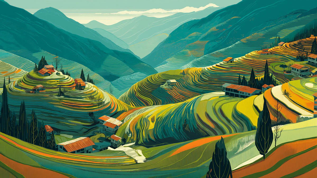Terraced Mountain Valley Mural Wallpaper — Scenic Landscape Mural Wallpaper - room preview 04