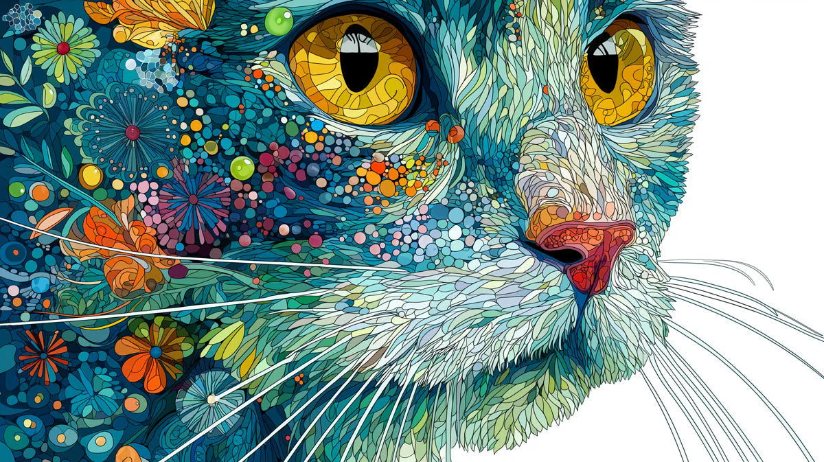 Cat Portrait Floral Mural Wallpaper — Whimsical Artistic Print Mural Wallpaper - room preview 04