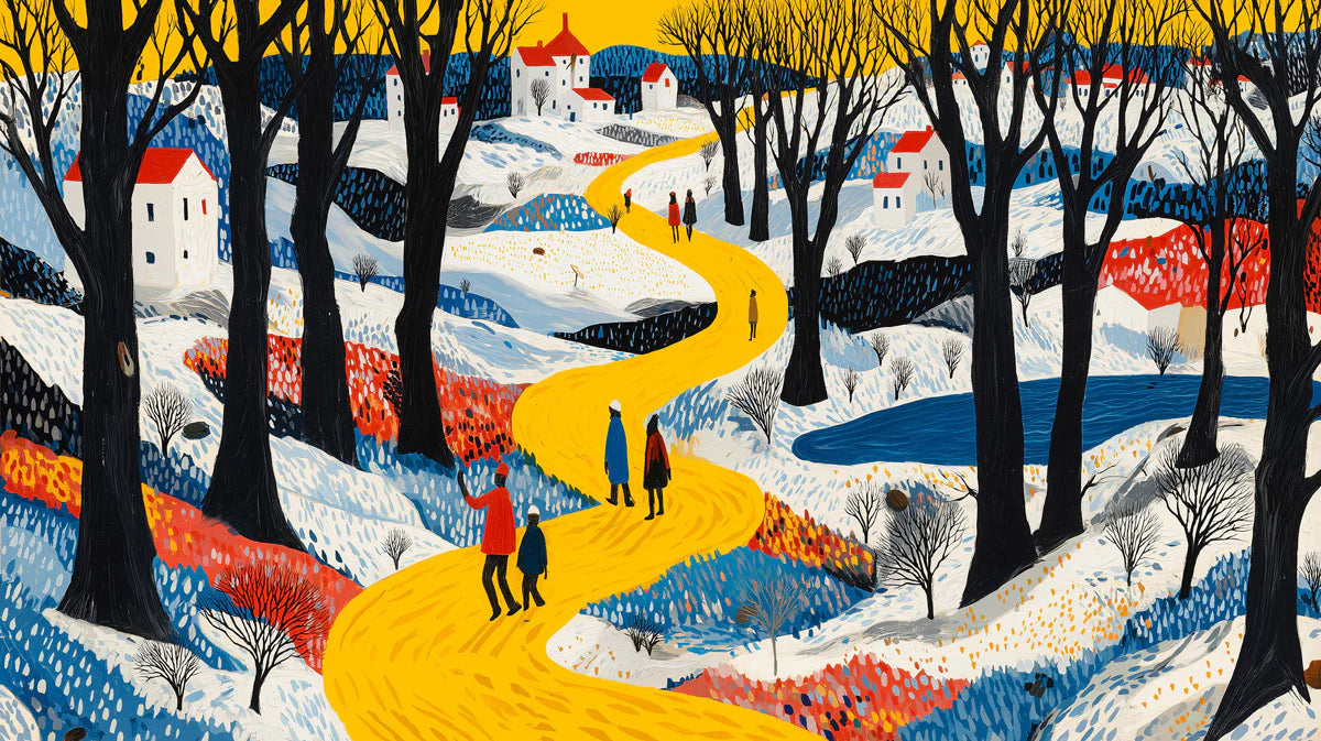 Winter Village Path Mural Wallpaper — Folk Art Landscape Mural Wallpaper - room preview 04