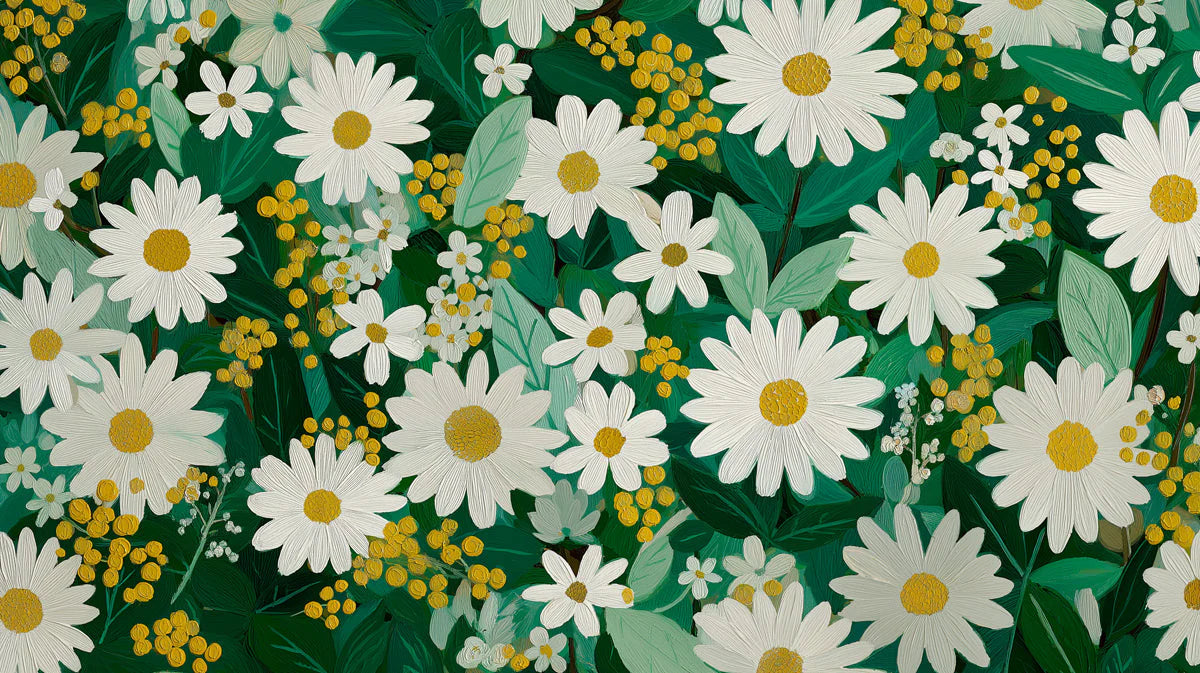 Wild Daisy and Mimosa Floral Mural Wallpaper — Painterly Botanical Mural Wallpaper - room preview 04