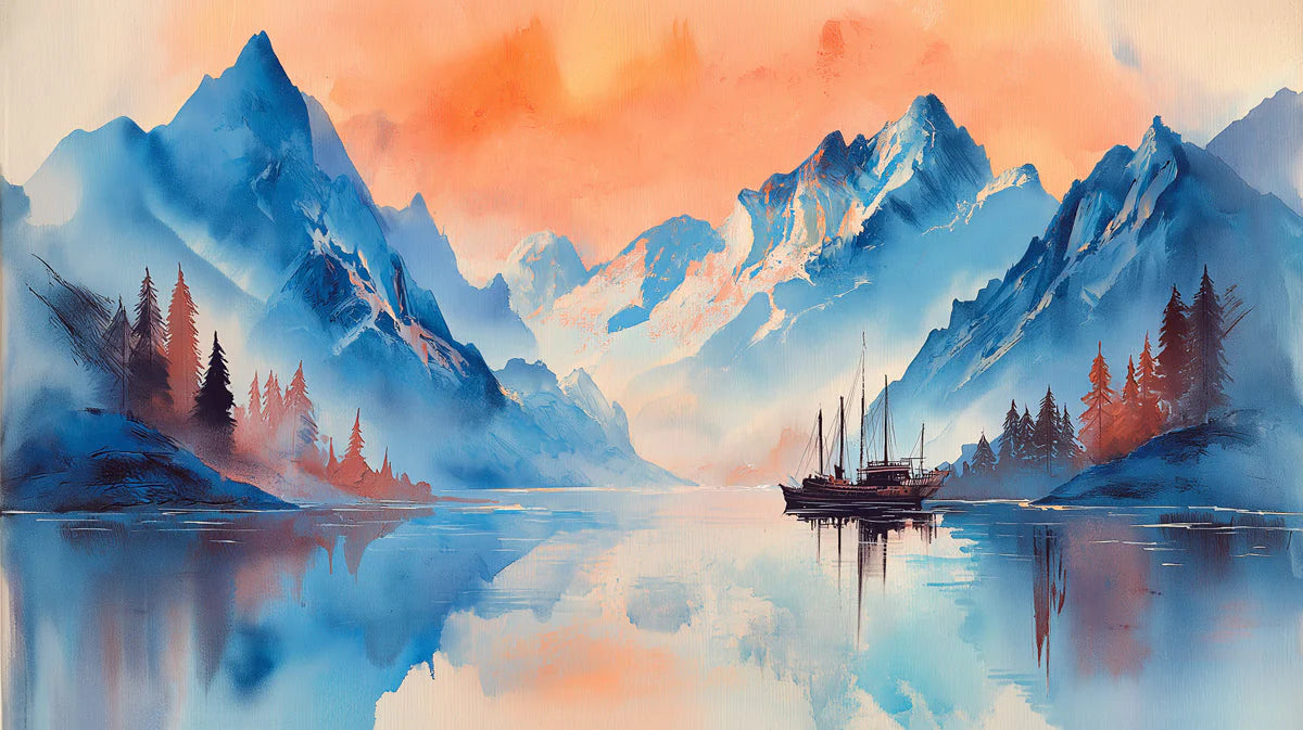 Alpenglow Mountain Lake Mural Wallpaper — Artistic Painted Landscape Mural Wallpaper - room preview 04