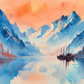 Alpenglow Mountain Lake Mural Wallpaper — Artistic Painted Landscape Mural Wallpaper - room preview 04