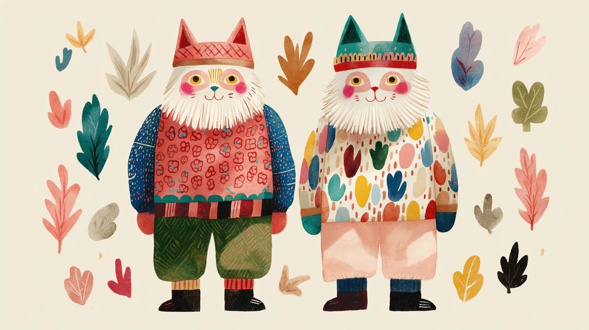 Whimsical Folk Art Cats Mural Wallpaper — Colorful Nordic Motif Mural Wallpaper - room preview 04