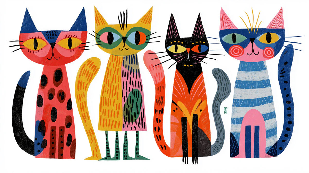 Playful Folk Art Cats Mural Wallpaper — Colorful Whimsical Design Mural Wallpaper - room preview 04