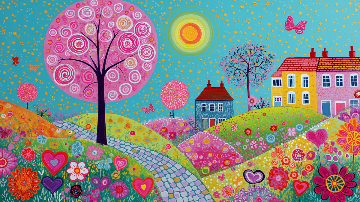 Whimsical Garden Folk Art Mural Wallpaper — Vibrant Colorful Scene Mural Wallpaper - room preview 04