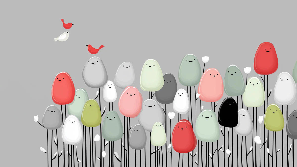 Whimsical Bird Garden Mural Wallpaper — Playful Nature Design Mural Wallpaper - room preview 04