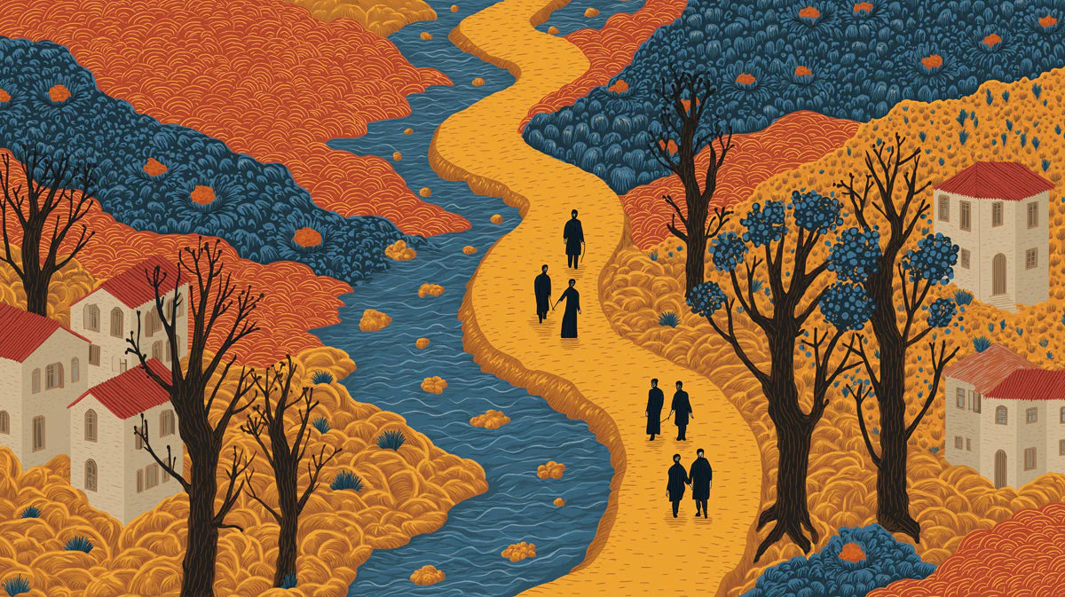 Winding River Village Mural Wallpaper — Folk Art Landscape Mural Wallpaper - room preview 04