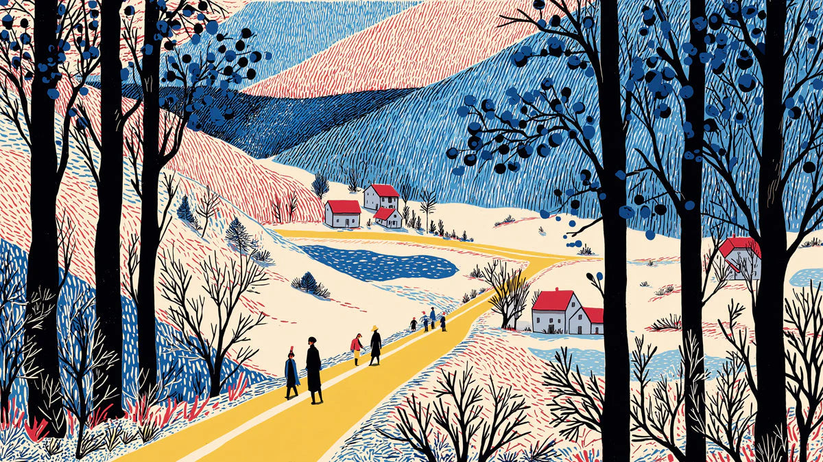 Stroll Through the Valley Mural Wallpaper — Artistic Folk Scene Mural Wallpaper - room preview 04
