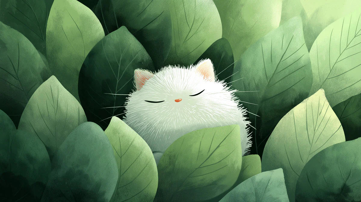 Sleeping White Cat in Green Foliage Mural Wallpaper - room preview 04