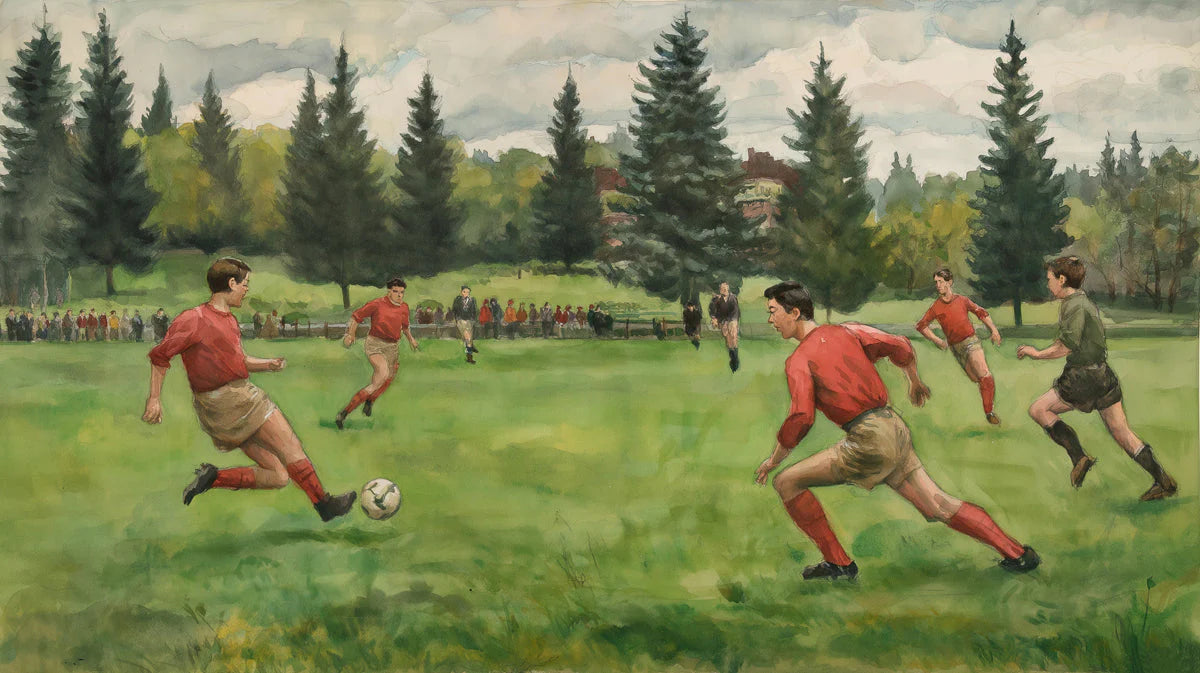 Vintage Soccer Match Mural Wallpaper — Artistic Sporting Scene Mural Wallpaper - room preview 04