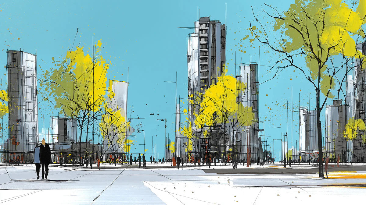 Urban Sketch Cityscape Mural Wallpaper with Vibrant Yellow Trees Mural Wallpaper - room preview 04